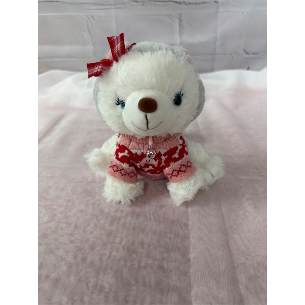 Hallmark Exclusive Plush Husky Dog in Pink Holiday Sweater with Bell and Bow